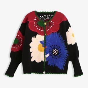 Womens Down Parkas Vintage Flower Embroidery Knitted Top High Quality Women Fashion Cardigan 2024 Autumn/Winter In Chic Sweater Coat D Dhdvl