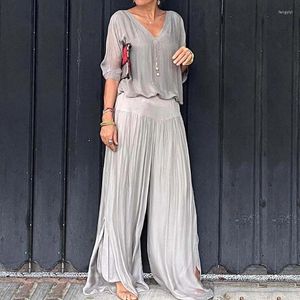 Kvinnors tvåbitar byxor Kvinnor Elegant Chiffon Outfits Fashion V-Neck Pullover Top Long Pant Suit Casual Half Sleeve Pleated Solid Loose