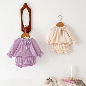 Zestawy odzieży Ins Spring Autumn Baby dziewczyny 2pcs Zestaw ubrania bawełniane solidne topy z długim rękawem luźne miękkie szorty garnitur stroje maluch