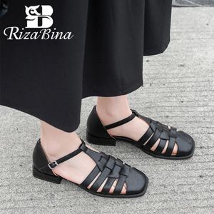 Sapatos casuais Rizabina Real Couro Mulheres Sandálias Roman T-Strap Salto Baixo Flats Vintage Escritório Senhoras Bombas Handmade Tamanho 34-40