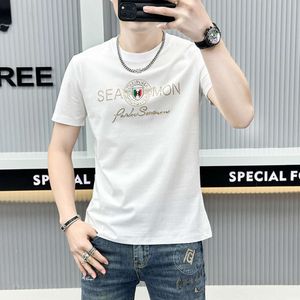 2024 Summer New Men's Letter Casual Fashion Hot Diamond Printed Breathable Round Neck Slim Fit Short Sleeved T-shirt