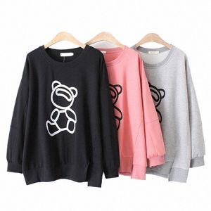 Nya 2022 Ladies Spring Autumn Plus Size Tops för kvinnor Stor LG Sleeve Loose Pink Black Print Bear Sweatshirt 3XL 4XL 5XL 6XL W0QE#