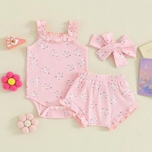 Conjuntos de roupas verão crianças bebê menina 3pcs floral sem mangas macacão elástico babados shorts bandana criança conjunto de roupas de malha