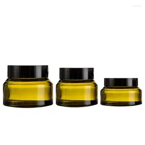 Depolama Şişeleri 5 PCS 15G 30G 50G Amber Yeşil Cam Yüz Kremi Boş Jar Kozmetik Örnek Konteyner Siyah Kapaklı Seyahat Doldurulabilir Tencere