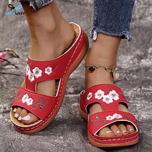 Casual Shoes Women Slippers Embroider Flowers Leather Woman Sandals Outdoor Light Wedges Slip On Summer For