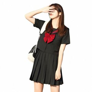 Black Basic JK Red Three Lines School Uniform Girl Sailor Suits Pleated Kirt Japanese Style Clothes Anime Cos Costumes Women R1HD#