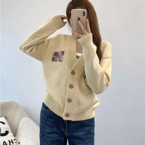 Miu Home High End Quality V-Neck Cardigan Coat Women's Knitwear Sweater Letter Stapled Diamond Solid Color Simple Lazy Style