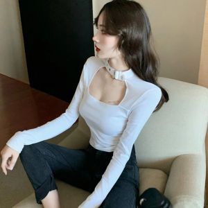 Autumn Sexy Women T Shirt Buckle Halterneck Harajuku Long Sleeve Crop Top Streetwear Basic Tshirt Ladies Tight Tees Shirts