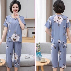 Hemkläder Mormor Sleepwear Set Elegant Mid-Aged Women's Pyjama med blommatryck Kort ärm Top Wide Ben Pants for Mother