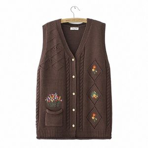 Little Fresh Floral broderad stickad tröja väst plus storlek Kvinnor Kläder Autumn Winter V-Neck Hollow Out Cardigan E2 3020 F8OW#