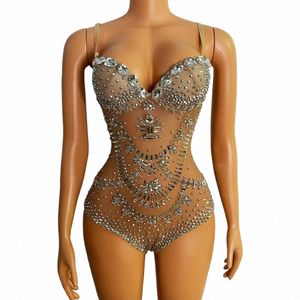 Kadın şarkıcı DJ Rhinestes Bodysuit Dans Kostüm Sahnesi Giyim Sparkly Sier Crystals Leotard Seksi Mesh Club Kıyafet Q1G6#