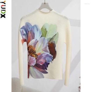 Blusas femininas yudx miyake impressão plissado topo para mulher com mangas compridas fina gola simulada camada inferior camiseta moda 2024 outono