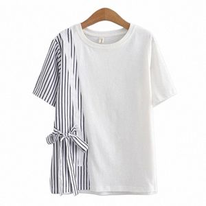 4xl Plus Size Basic T-Shirt Women 2023 Spring Summer Design Side Stripe Lace-Up Tees Short Sleeve Tops Oversize Curve Clothes y8WA#