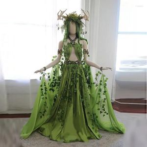 カジュアルドレス3D花緑の肩から流れるシフォン花柄のビーズプロムガウンドレス