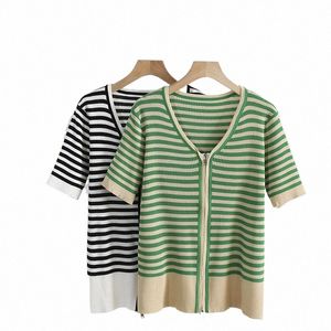 2022 large women's summer new loose horiztal stripe zipper knitted Plus Size short sleeve T-shirt 3XL 4XL 5XL M0Pm#