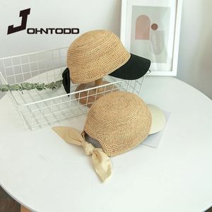 Womens fashion bow raffia baseball cap hat street outing shopping sunhat handmade crochet holiday rebound visor 240320