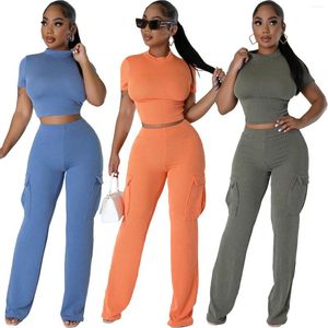 Zweiteilige Damenhose Echoine Solid Knit Ribbed Round Neck Short Sleeve Crop Top And High Waist Straight Set Matching Summer 2024