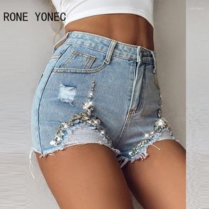 Jeans femininos 2024 mulheres casual strass decoração rasgado cintura alta bolso denim shorts