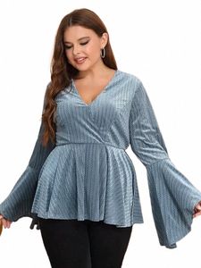 Tryckta T-shirts för kvinnor Blue V Neck LG Flare ärmar Tunika Autumn Elegant Streetwear Party Evening Fi Plus Size Tops B6BO#