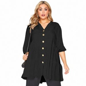 Plus Size Butt Down Elegant Spring Autumn Tunic Topps Women 3/4 Sleeve V-Neck SMOCK BLOUSE TOPS Black Loose Tiered T Shirt 6xl T6RK#