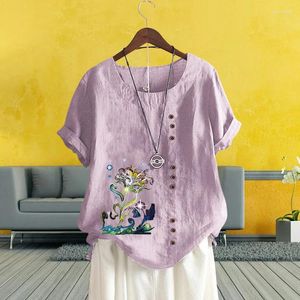 Camiseta feminina verão senhoras algodão linho blusa personalidade impressa solta camiseta vintage em torno do pescoço sólido manga curta topo XS-5XL