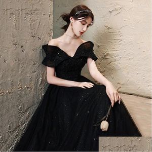 Ethnische Kleidung Slash Neck Schwarz Abend Party Kleid Qipao Dame Mesh A-Linie Plissee Cheongsam Prom Y Elegante Vestidos de Festa Drop de Otpsx