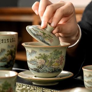 Set da tè Set da tè in porcellana bianca e blu dipinta a mano di Jingdezhen Set da tè cinese in stile retrò scritto a mano con copertina del Sutra del cuore, confezione regalo