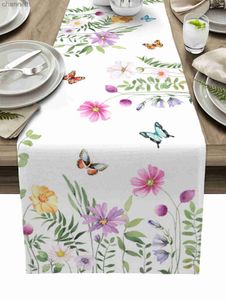 Bordslöpare Spring Flower Butterfly Luxury Kitchen Dinner Cover Wedding Party Decor Cotton Linen Tracke YQ240330