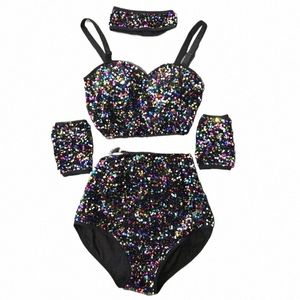 Bar Nightclub Women Singer Gogo Costume Kolorowe cekiny Leotard Elastic Dance Bodysuit Team Club Party Performance Scena Zużycie Z34S#