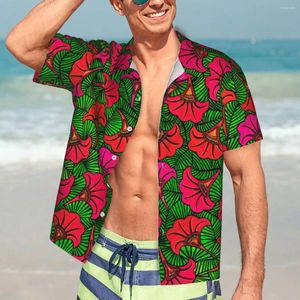 Men's Casual Shirts Hawaiian Shirt Beach Red Flower Print Blouses Petunia Capulana Vintage Male Short-Sleeved Streetwear Tops