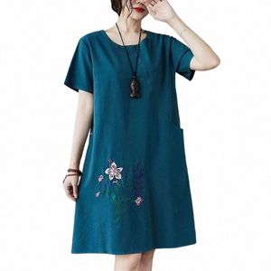 Cott Linen Robe LG Shirt Loose Artistic Chinese Tradeitial Women's Top Retro Clothes Dr Short Sleeved Brodery Robe X2UK#