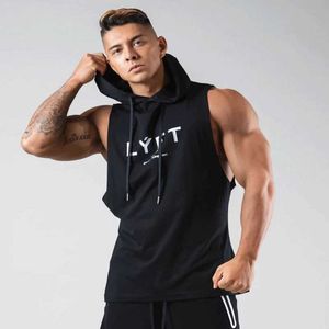 Men's T-Shirts Mens Sports Hoodie Tank Top Fitness Muscle Cut T-shirt Sleeveless Fitness Hoodie J240330