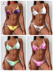 Mulheres Swimwear Lace Up Dye Impresso Escovado Patchwork Bikini Beach Dress Womens Swimsuit Set 2023 Y-143 J240330