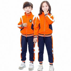 Herbst Winter Grundschuluniform Dicke orange Jacke Marineblaue Hosen Kinder Sportbekleidung Anzug Kindergarten Schüler Kleidung Outfit g14Y #