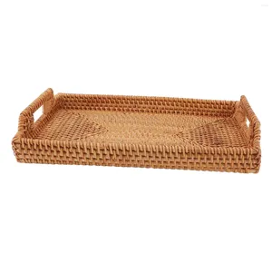 Plates Serving Tray Hand Woven Rattan Rectangular With Handles For Breakfast Drinks Snack Dining Coffee Table