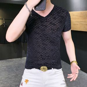 Ice Silk T-shirt for Men's Summer Short Sleeved Hollowed Out Transparent Personality Trend Handsome Half Sleeved Trendy Brand Thin Social Top