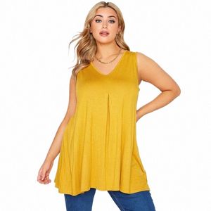 plus Size V-neck Summer Elegant Lgline Vest Top Women Casual Sleevel Swing Tunic Tank Pleated Detail Flare Top Blouse 8XL Y9dv#