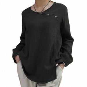 women's Cott Linen Lg Sleeve Blouse Tops Ladies Casual Loose T-Shirt Tee Plus Size Solid Clothes Clothing 2024 For Female p0SB#