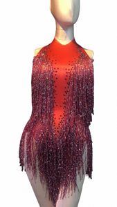 women New Red Tassel Sexy Shiny Rhineste Bodysuit Party Bar Stage Outfits Dj Female Singer Performance Costume Dance Wears E0Kn#