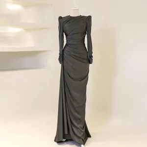 Vestidos de festa modesto convidado de casamento para mulheres o pescoço sereia vestido formal preto plissado drapeado chiffon cetim noite longo