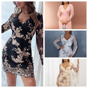 Women's designer long sleeve dress Temperament Dinner see-through mesh floral sequin dress dress