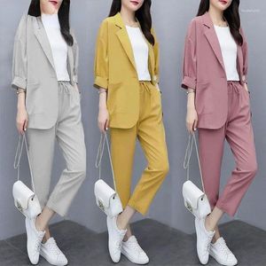 Kvinnors tvåbitar byxor Summer Loose Thin Blazer Coat Piec Fall Casual Suit byxor Set Korean Elegant Tracksuit Pantsuit M25