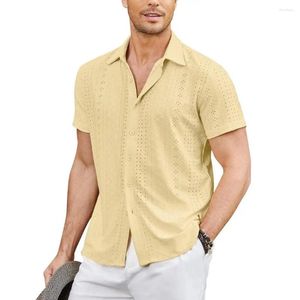 Мужские повседневные рубашки Рубашка с вырезом Стильная летняя ажурная рубашка с отложным воротником с короткими рукавами Дышащий пляжный топ для отдыха для прохлады