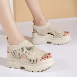 Casual Shoes Clogs With Heel 2024 Summer Comfort For Women Sandals On A Wedge Large Size Suit Female Beige Breathable Thick Platform F