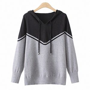 plus Size Women Jumper Autumn Clothing Slim Fit High Strecth Sweater Winter Patchwork Block Color Hooded Knitted Pullovers s9sA#