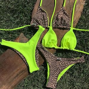 Biquínis femininos com nervuras, maiô sexy com estampa de leopardo, conjunto de biquíni 2024, roupa de praia com cordas, micro tanga, biquini