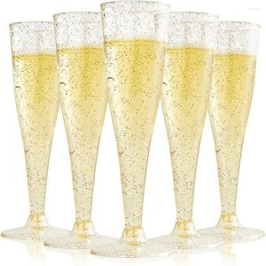 Disposable Cups Straws 10pcs 4.5OZ/135ml Champagne Flute Reusable Slim Anti-fall Glass With Gold Sequins Cocktail Wedding