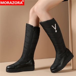 جديد 2024 Morazora Russia 332 وصول الشتاء الثلج النساء الحفاظ على دافئة سحاب من منصة مسطحة الأحذية امرأة الركبة عالية الأحذية 79740