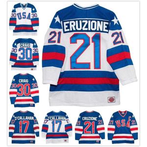 24S 1980 Miracle On Ice Team # 21 Mike Eruzione # 17 Jack O'Callahan # 30 Jim Craig Maglie da hockey su ghiaccio Maglia da hockey su ghiaccio blu bianca cucita USA