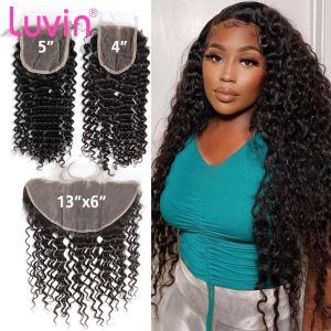 Closure Luvin Deep Wave 4x4 Closure Hair 13x4 HD Transparent Lace Frontal Hair Brazilian Remy Curly Pre Plucked 100% Natural Human Hair